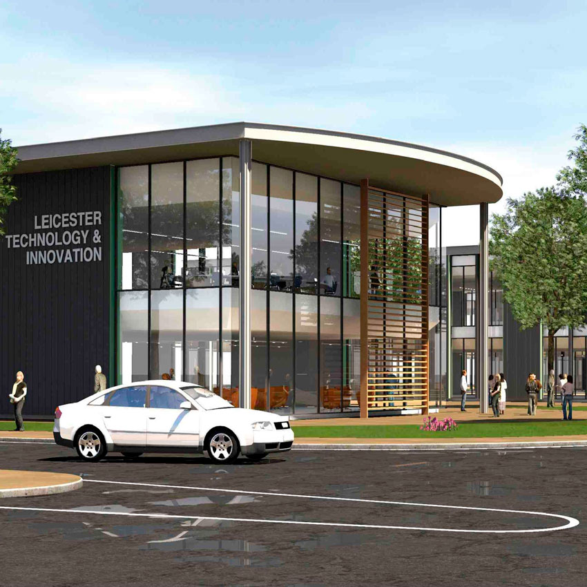 Large full width image of a Science and Technology Park, shows the new building with glass front and a road with people walking on the pavement