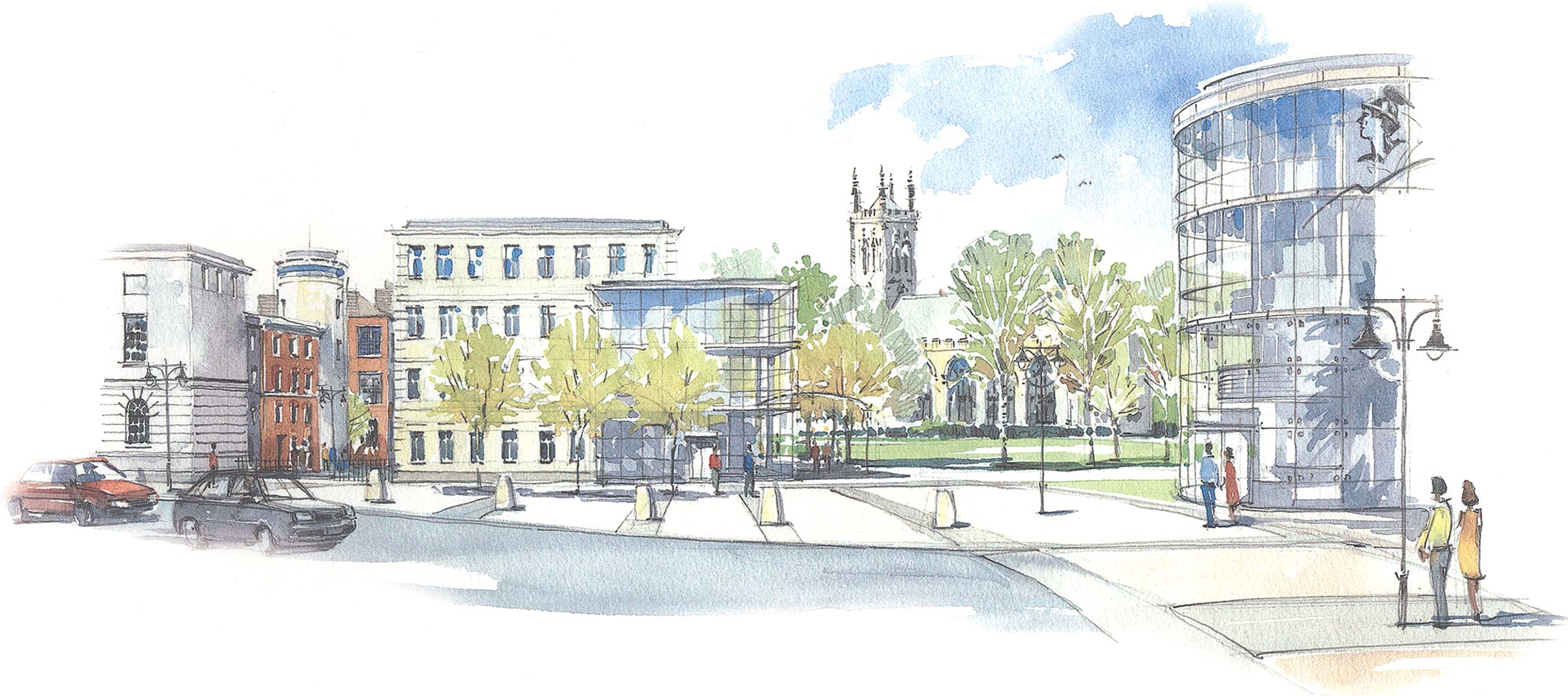 Large full width watercolor illustration of the regenerated St. George's Quarter in Leicester, shows a fresh modern city scene