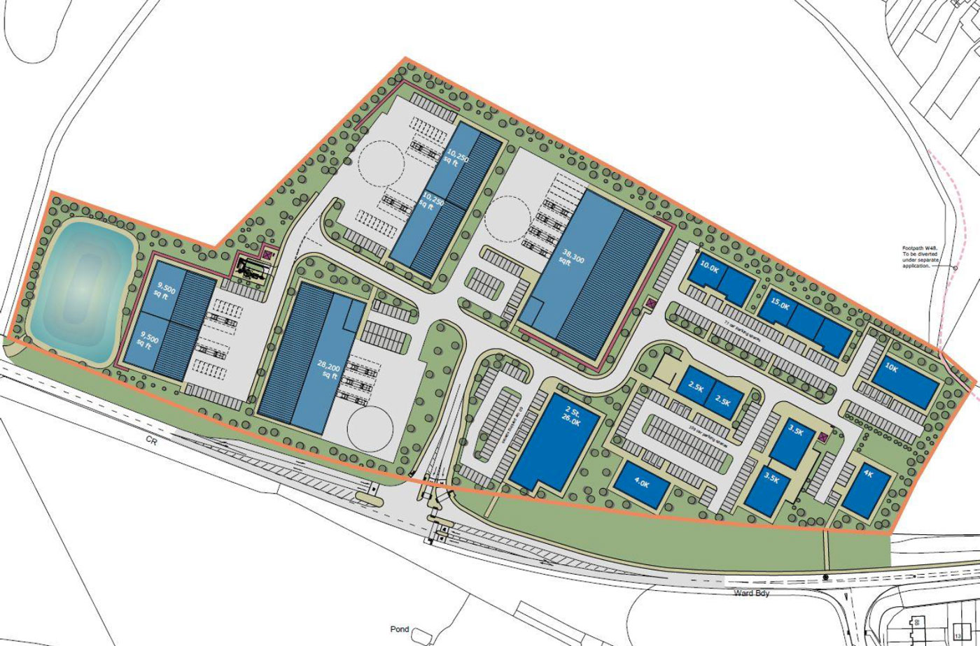 The masterplan technical illustration showing site area highlighted with a red area line, with homes and various developments inside
