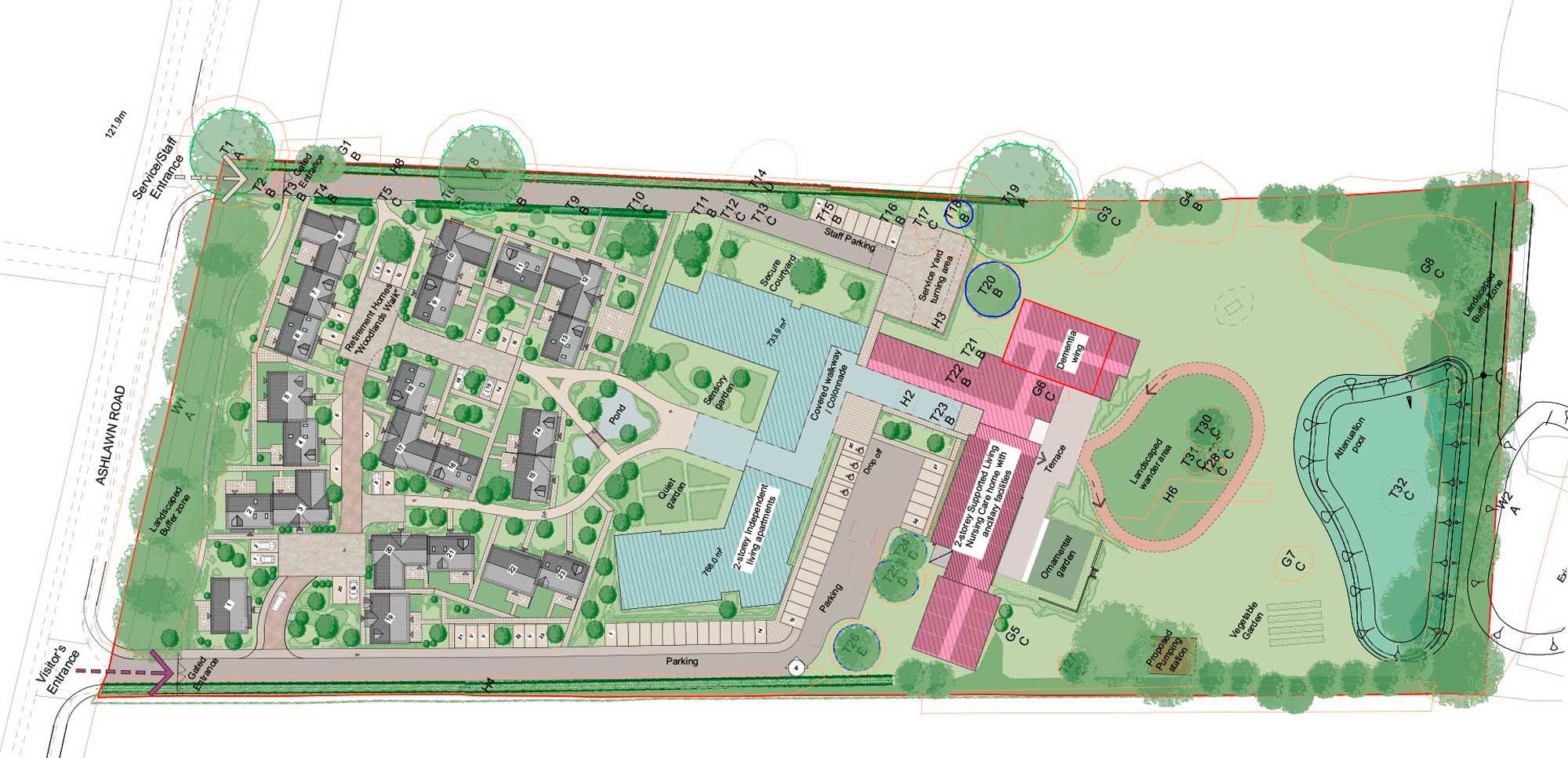 Technical illustration showing the plan and details for the site