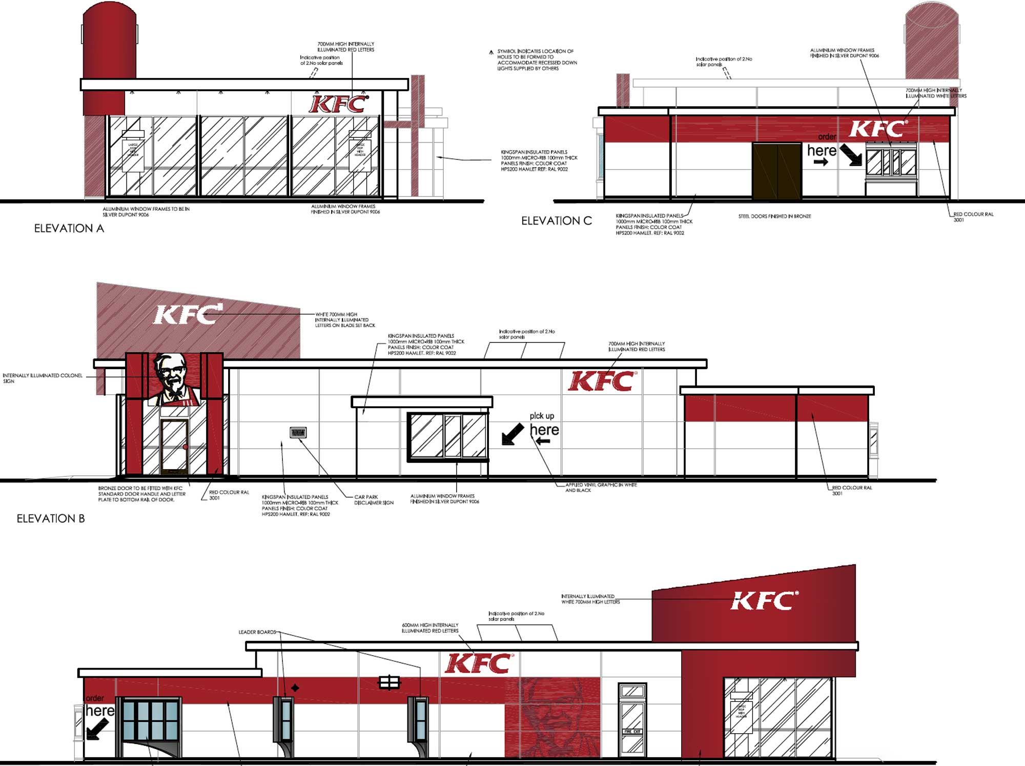 Technical line drawing illustration showing various measurements and details of the new KFC restaurant