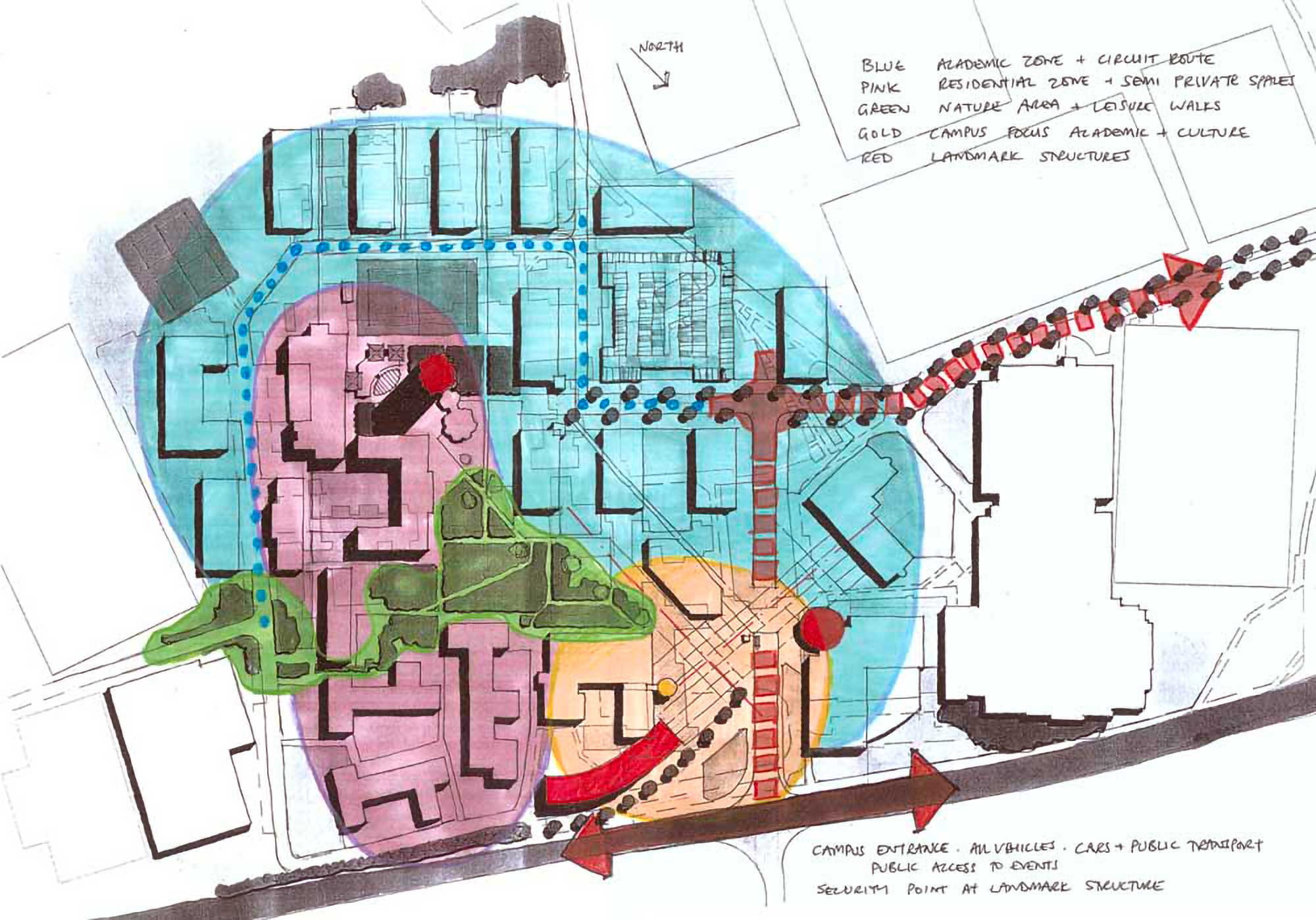 Colourful illustration showing the various areas and aspects of the campus