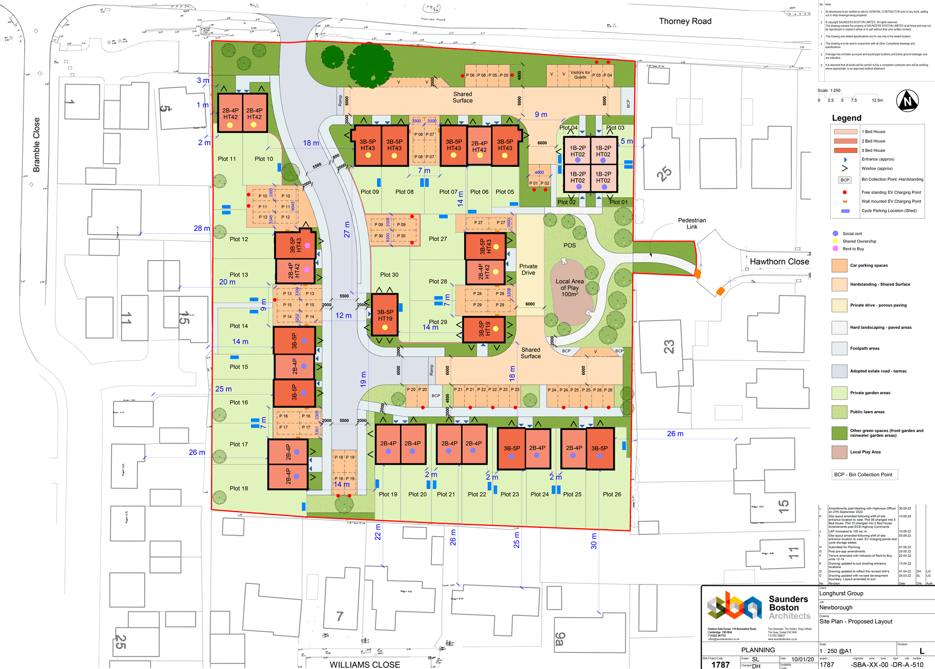 Technical illustration showing the housing area, with houses marked-in, tree areas and its connection to the area around it. Uses black lines and coloured keys