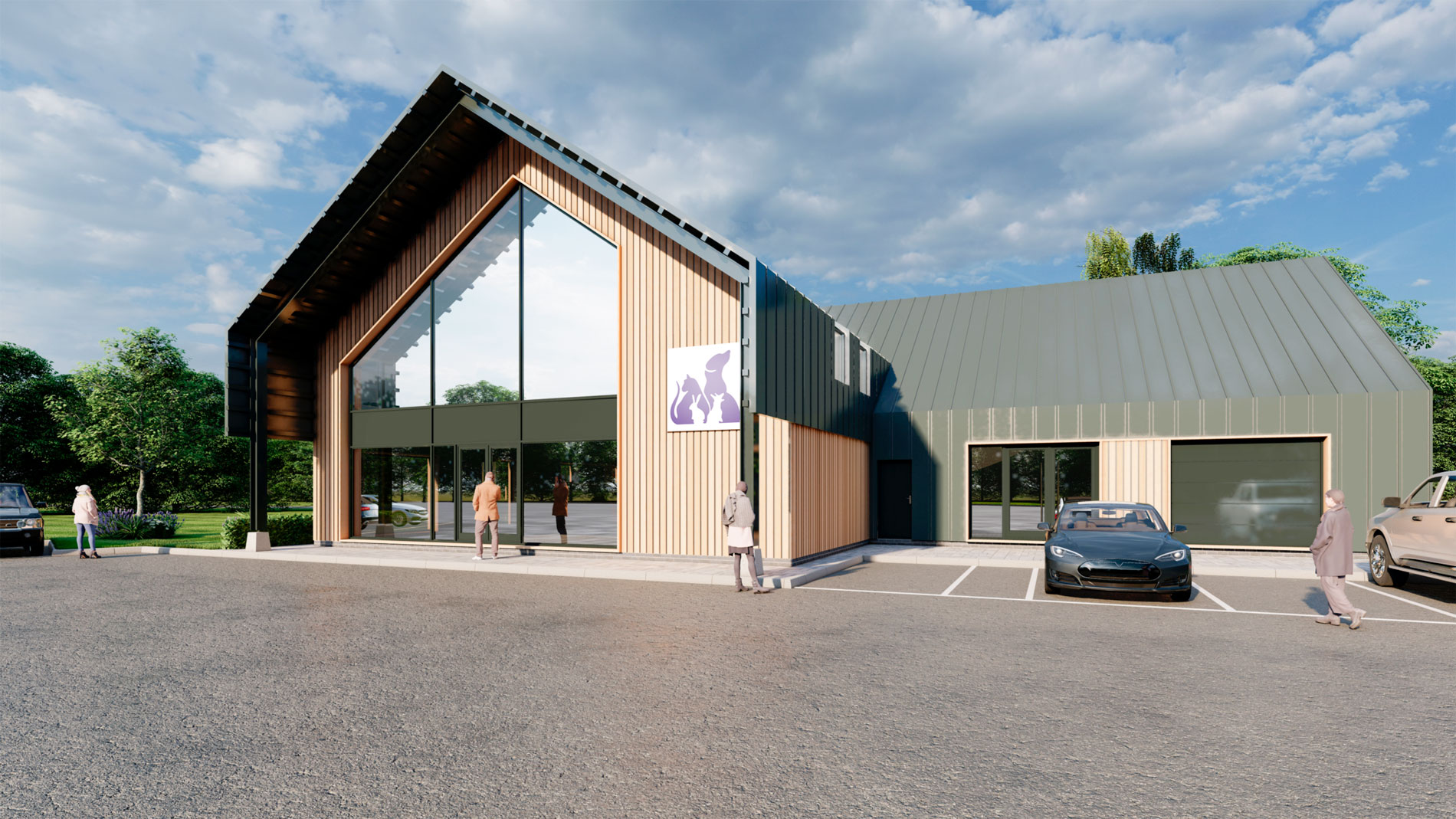 Digital visualisation of the front of the veterinary centre, shows a large triangle wooden front of the left, with a large glass entrance and doors, then a shorted area to the right with car parking spaces on the front